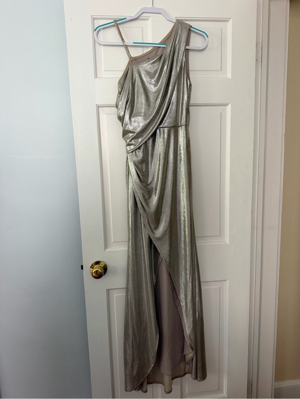 Taylor One-Shoulder Metallic Silver Evening Dress